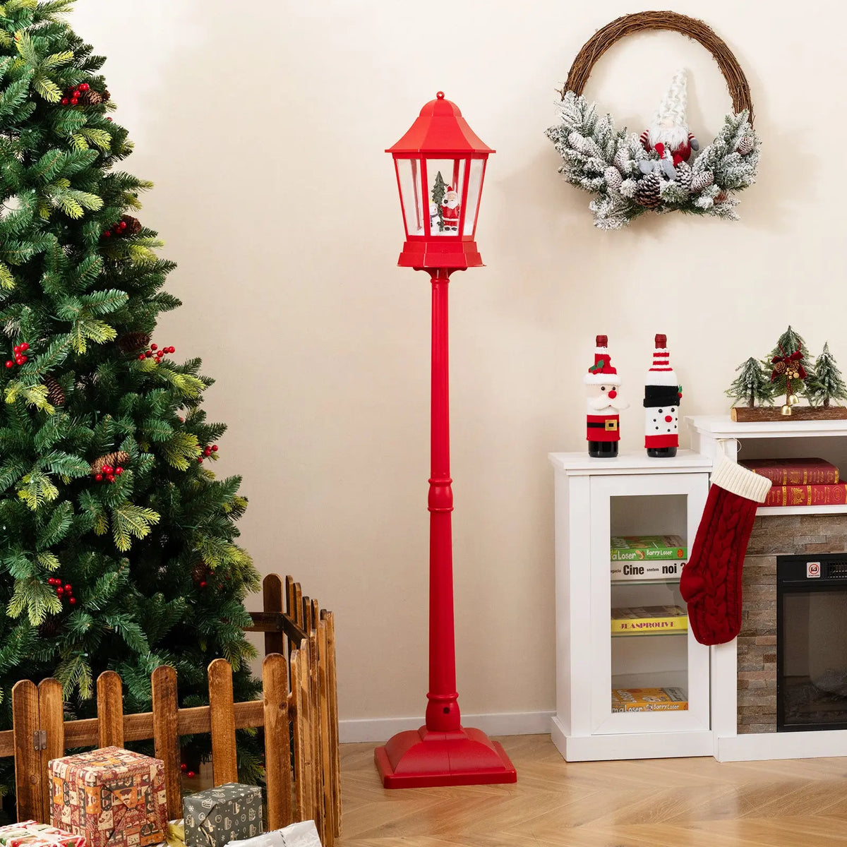 5.3 Feet Musical Christmas Street Lamp with Blowing Snow and LED Lights-Red