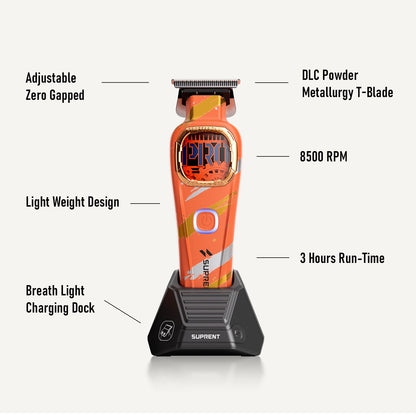 Orange hair clipper on charging dock stand, front view of blade area