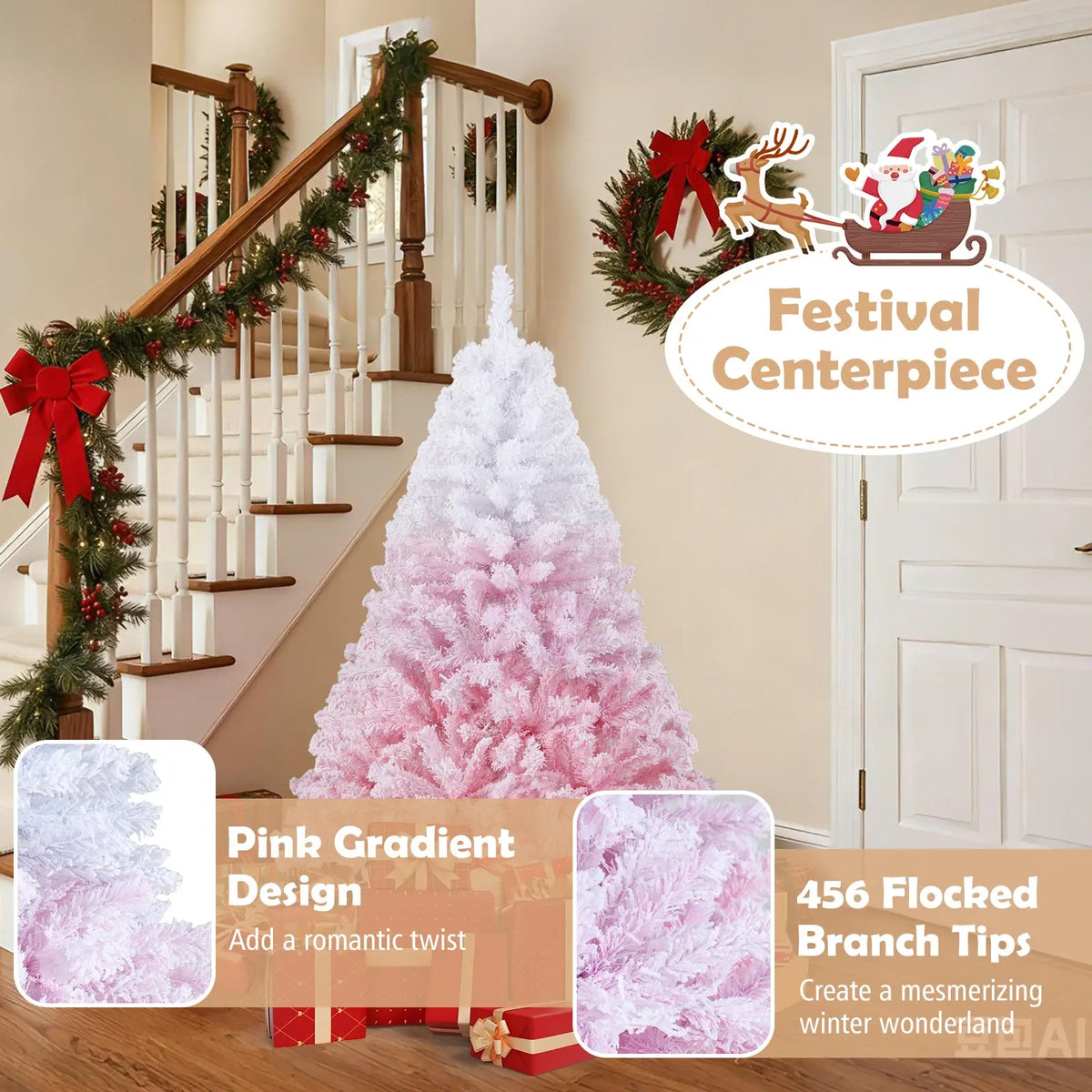 5/6/7/8 FT Artificial Christmas Tree with Warm White LED Lights and 8 Modes for Holiday