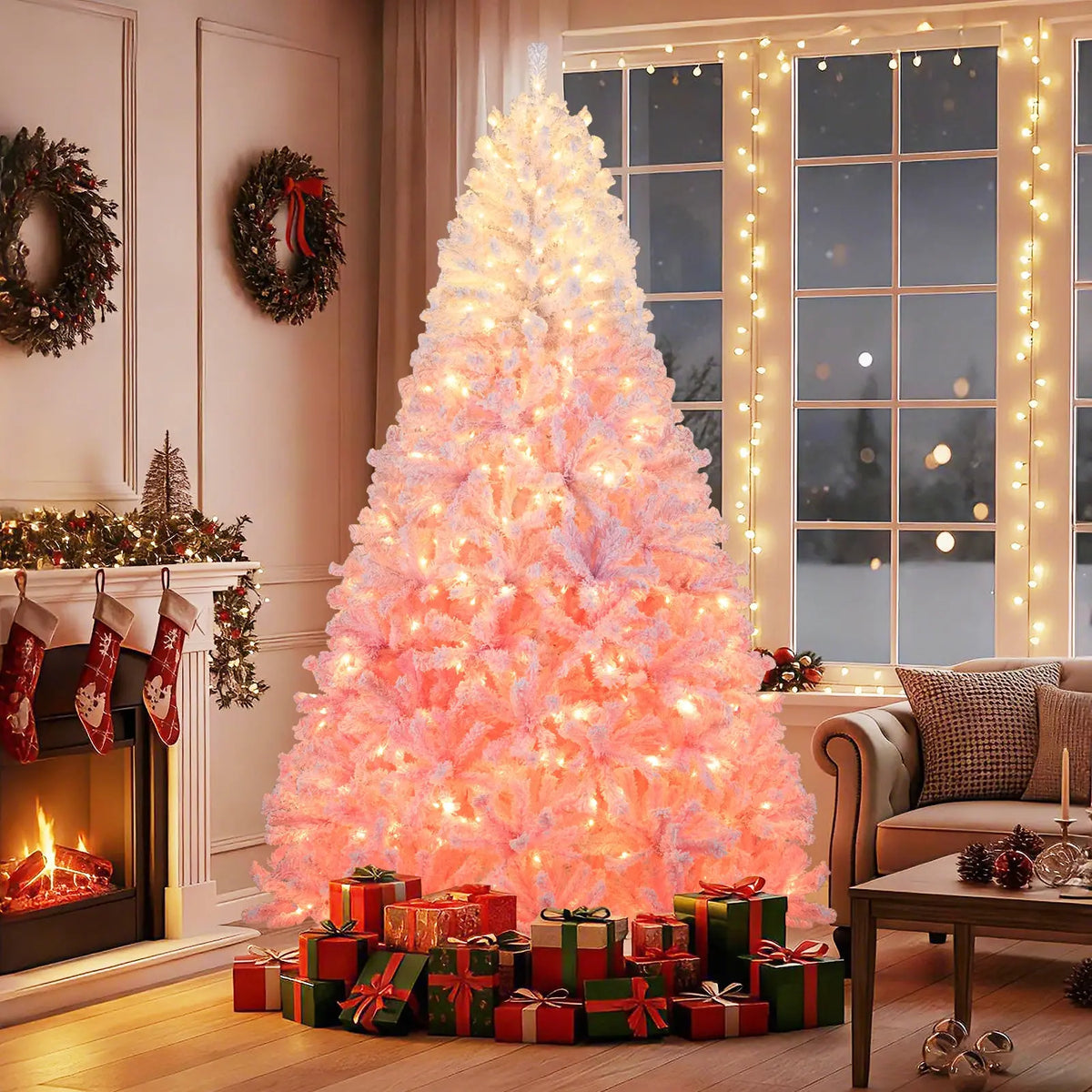5/6/7/8 FT Artificial Christmas Tree with Warm White LED Lights and 8 Modes for Holiday