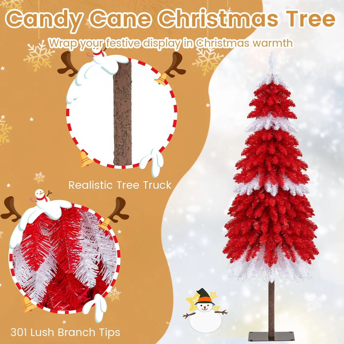 5 FT Artificial Christmas Tree Pre-lit Xmas Trees with 301 Red and White Branch Tips