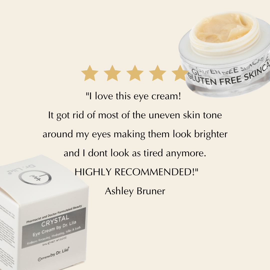 Eye cream jar with golden cream on open top, shown on a light infographic layout