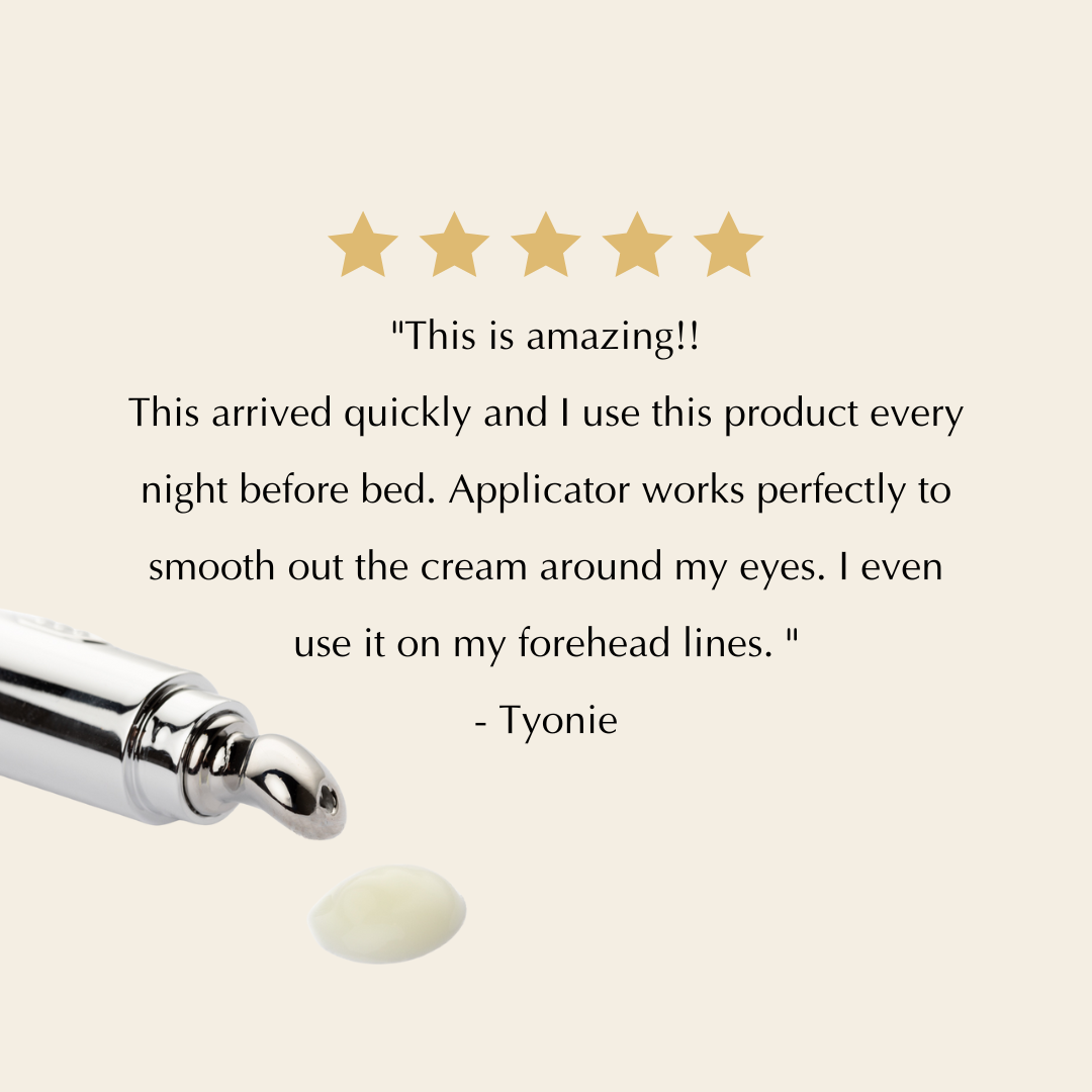 Eye cream roller applicator with a pale cream dollop