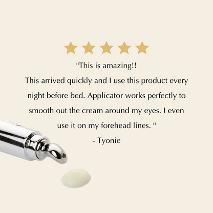 Eye cream roller applicator with a pale cream dollop