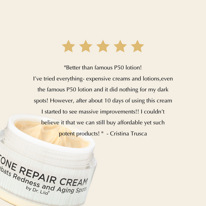 Round cream jar with gold-tinted cream inside, with star rating overlay