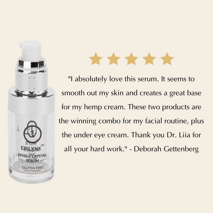 Facial serum bottle with white pump, shown with star rating graphic