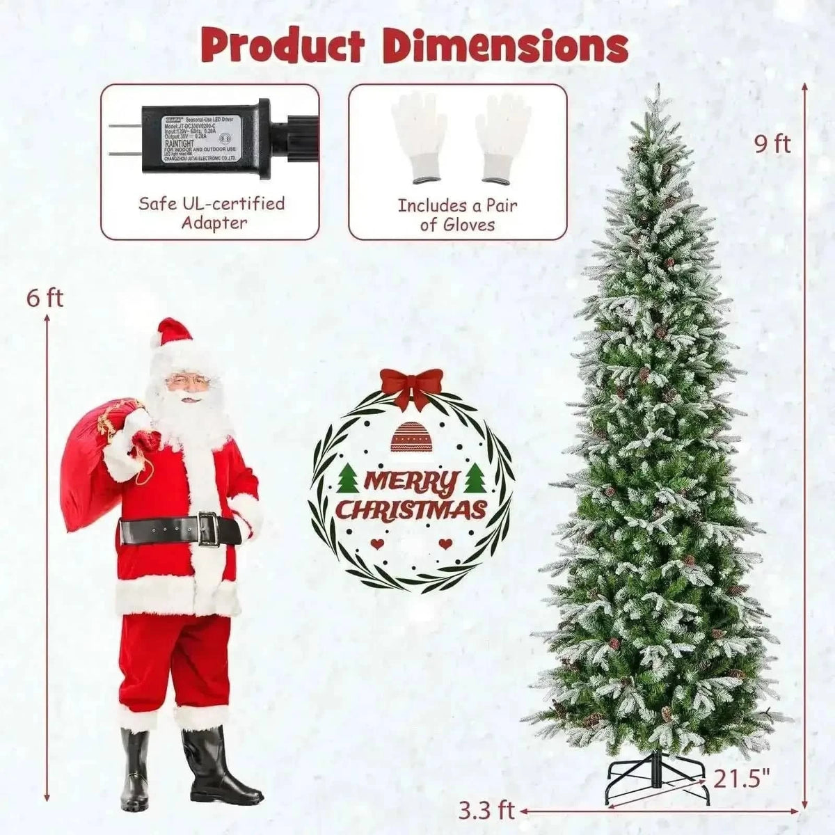 6/7.5/9 Feet Pre-Lit Artificial Christmas Tree Snow Flocked Hinged