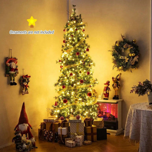 6/7/8 Feet Artificial Christmas Tree Pre-lit Hinged Xmas Tree with Warm White LED Lights and Pine Cones Cartsfy Inc.