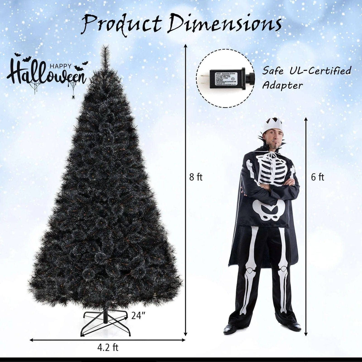 6/7/8 Feet Black Artificial Halloween Christmas Tree with PVC Branch Tips and 210/320/450 Cool White LED Lights DirectDeals M S L M-S-L-