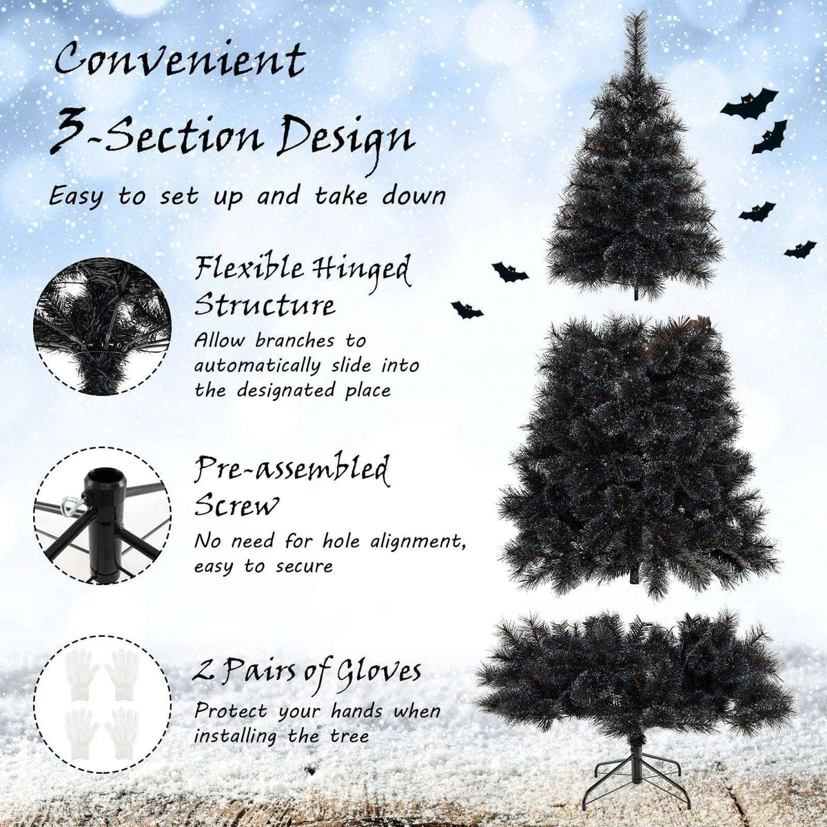 6/7/8 Feet Black Artificial Halloween Christmas Tree with PVC Branch Tips and 210/320/450 Cool White LED Lights DirectDeals M S L M-S-L-