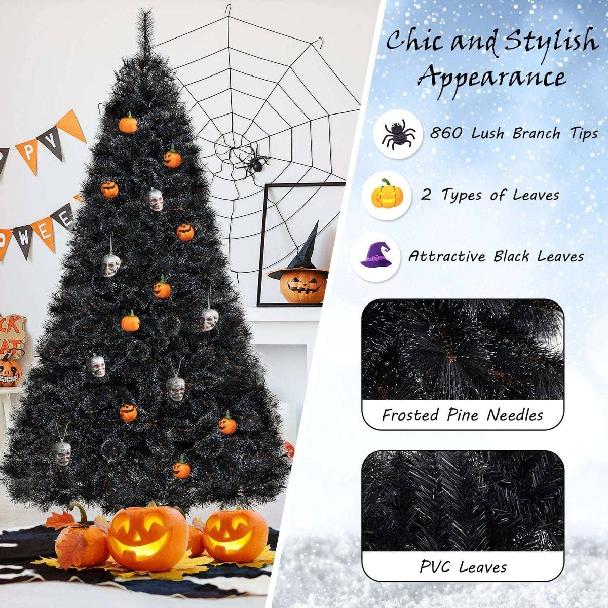 6/7/8 Feet Black Artificial Halloween Christmas Tree with PVC Branch Tips and 210/320/450 Cool White LED Lights DirectDeals M S L M-S-L-