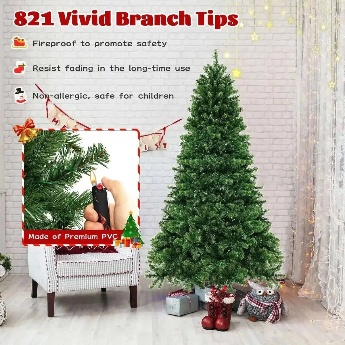 6/7/8 Feet Hinged Christmas Tree with PVC Branch Tips Warm White LED Lights Cartsfy Inc.