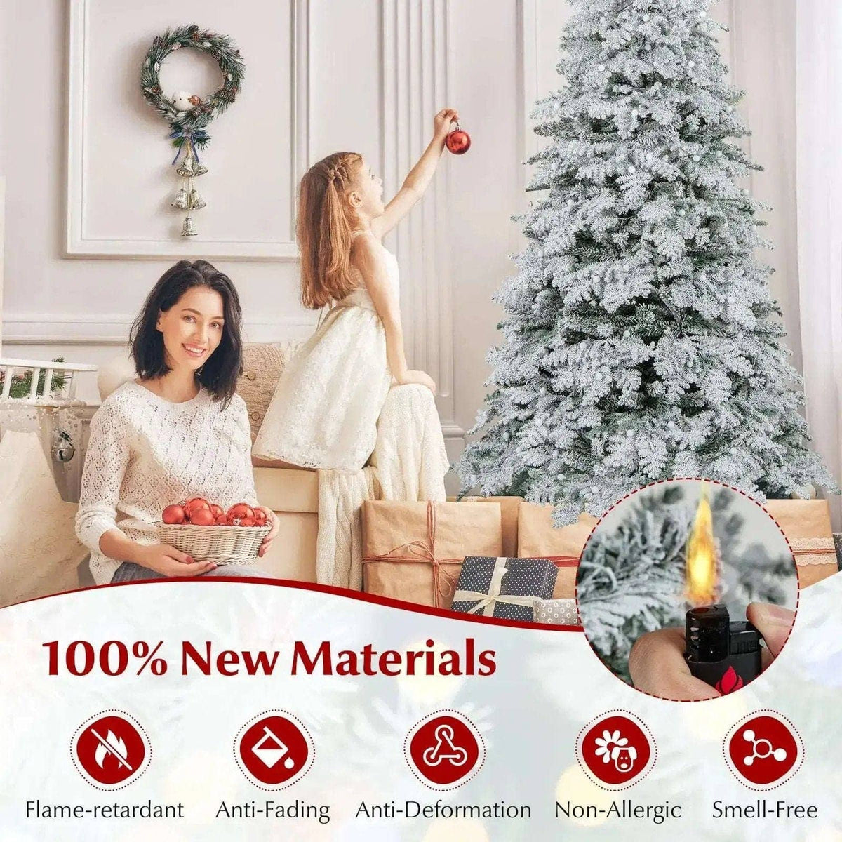 6/7 Feet Artificial Snow-flocked Christmas Tree Pre-lit Hinged Xmas Tree with 130 Twinkle Balls Cartsfy Inc.