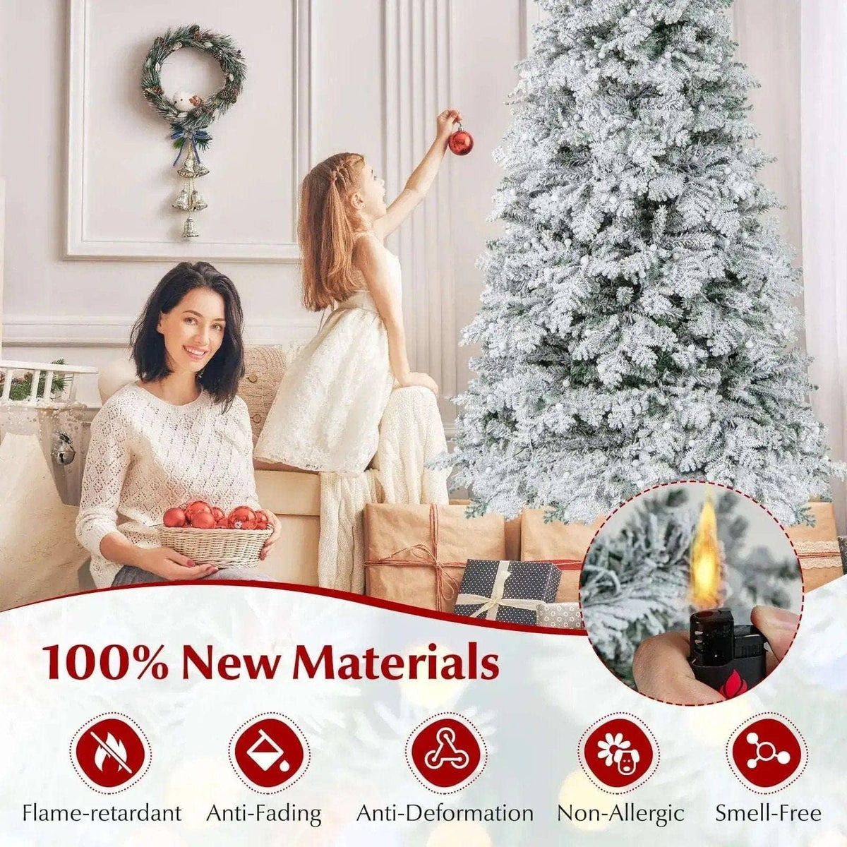 6/7 Feet Artificial Snow-flocked Christmas Tree Pre-lit Hinged Xmas Tree with 130 Twinkle Balls Cartsfy Inc.