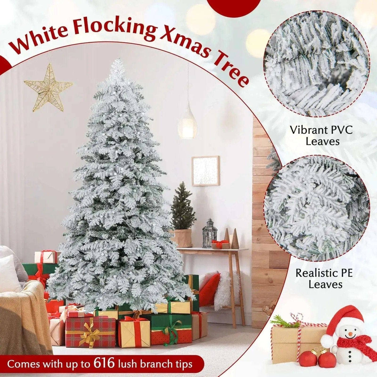 6/7 Feet Artificial Snow-flocked Christmas Tree Pre-lit Hinged Xmas Tree with 130 Twinkle Balls Cartsfy Inc.