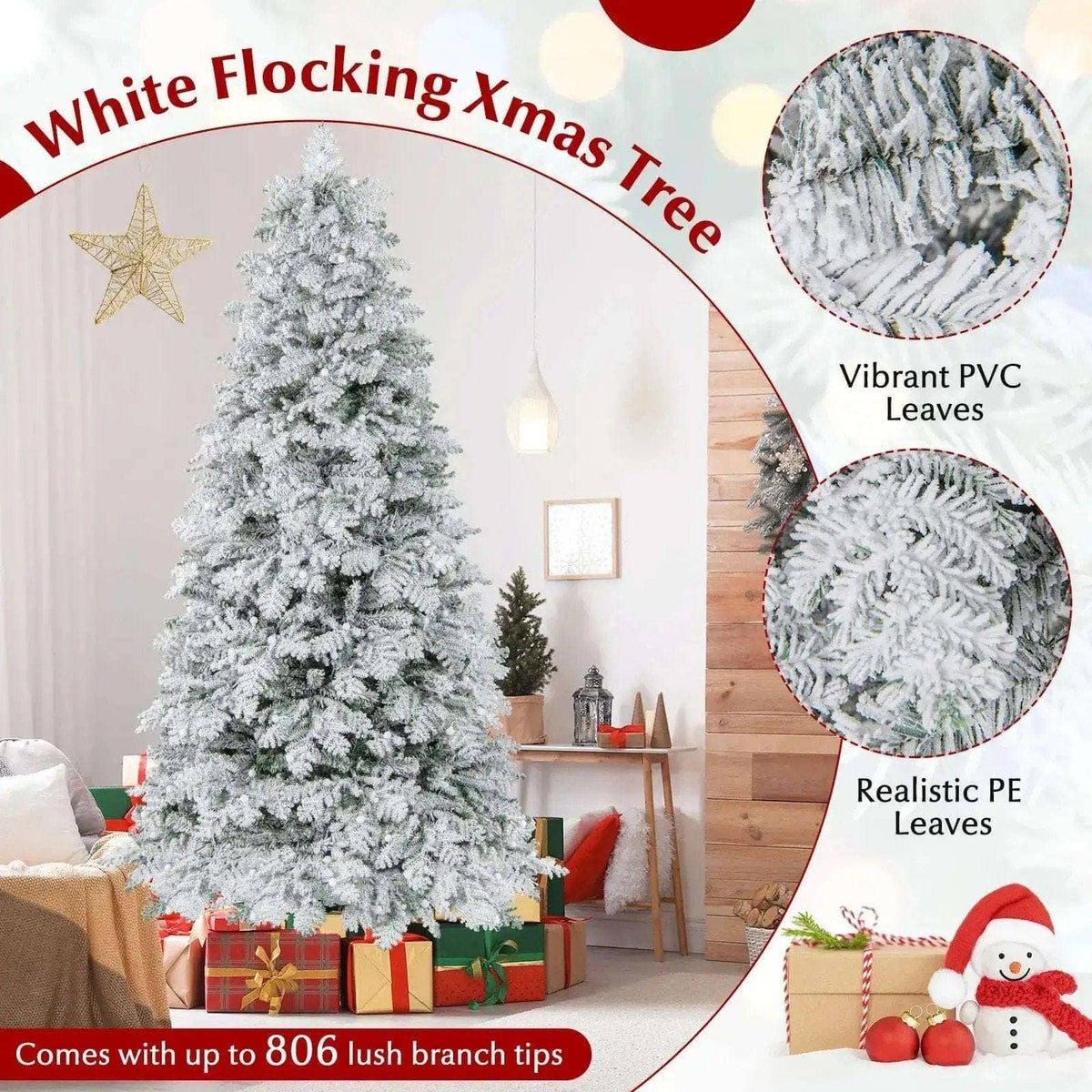 6/7 Feet Artificial Snow-flocked Christmas Tree Pre-lit Hinged Xmas Tree with 130 Twinkle Balls Cartsfy Inc.