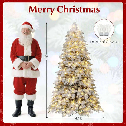 6/7 Feet Artificial Snow-flocked Christmas Tree Pre-lit Hinged Xmas Tree with 130 Twinkle Balls Cartsfy Inc.