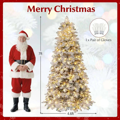 6/7 Feet Artificial Snow-flocked Christmas Tree Pre-lit Hinged Xmas Tree with 130 Twinkle Balls Cartsfy Inc.