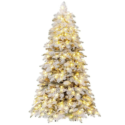 6/7 Feet Artificial Snow-flocked Christmas Tree Pre-lit Hinged Xmas Tree with 130 Twinkle Balls Cartsfy Inc.