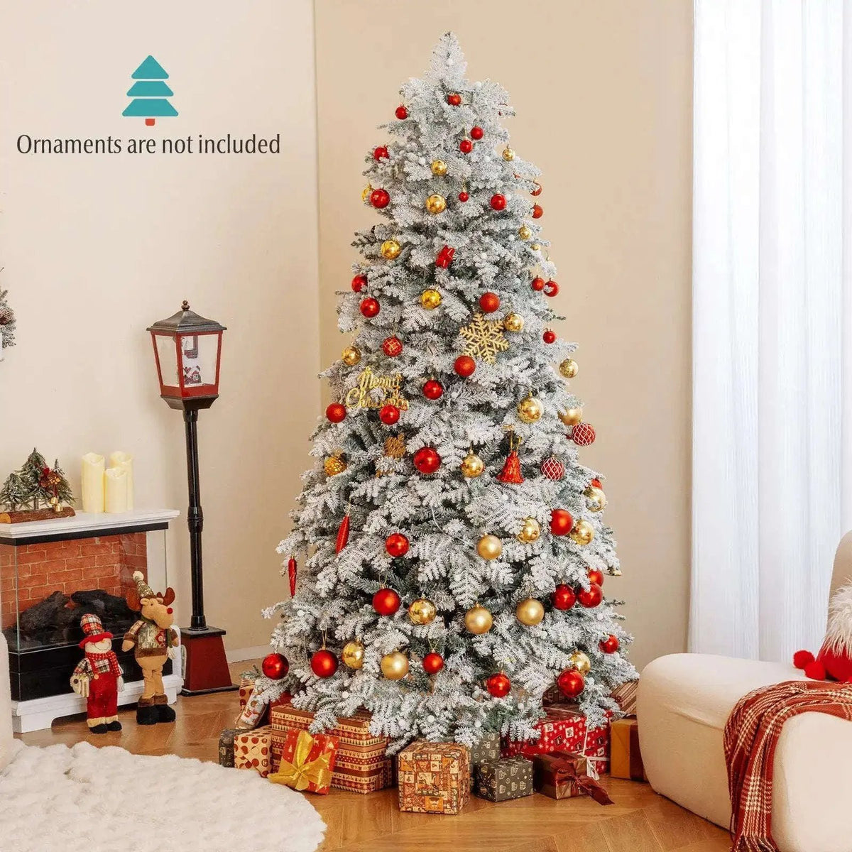6/7 Feet Artificial Snow-flocked Christmas Tree Pre-lit Hinged Xmas Tree with 130 Twinkle Balls Cartsfy Inc.