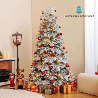 6/7 Feet Artificial Snow-flocked Christmas Tree Pre-lit Hinged Xmas Tree with 130 Twinkle Balls Cartsfy Inc.