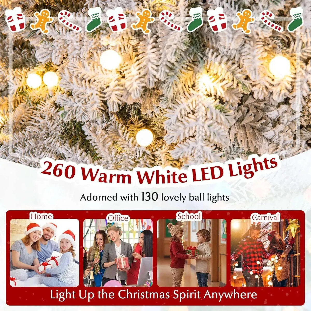6/7 Feet Artificial Snow-flocked Christmas Tree Pre-lit Hinged Xmas Tree with 130 Twinkle Balls Cartsfy Inc.