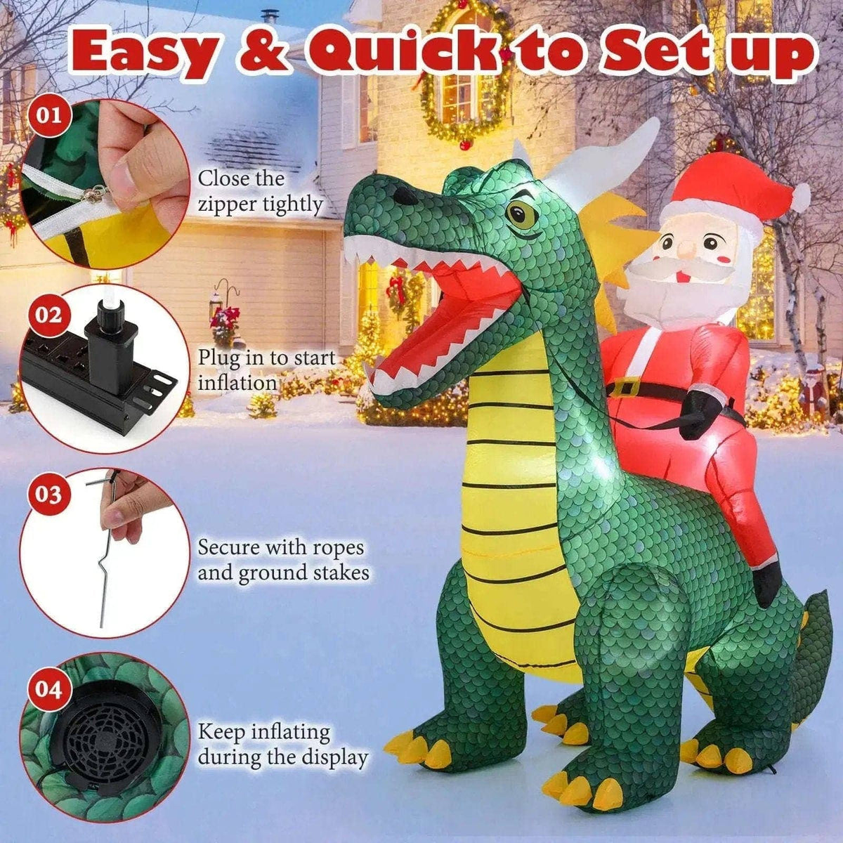 6.7 Feet Christmas Inflatable Santa Claus Ride on Dinosaur with Built-in LED Lights Cartsfy Inc.