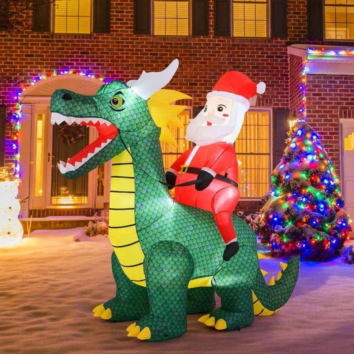 6.7 Feet Inflatable Santa Claus Ride on Dinosaur with LED Lights