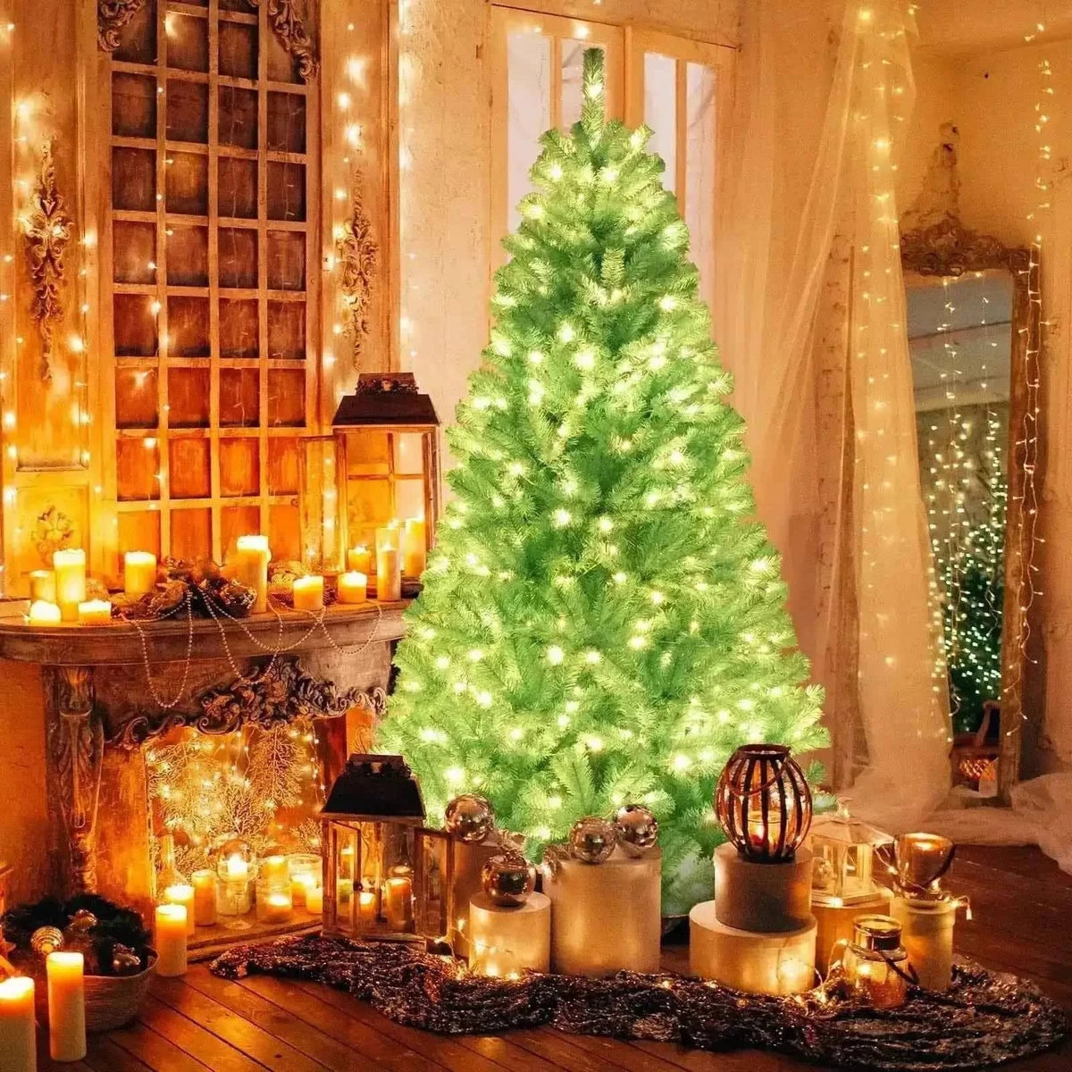 6/7 FT Blue Artificial Christmas Tree with 280/380 Warm White LED Lights and Foldable Metal Stand