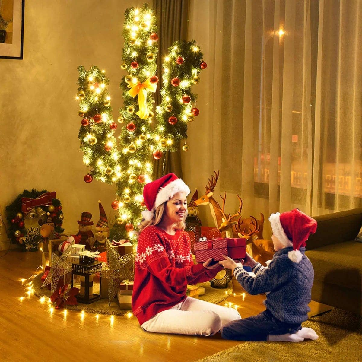 6 Feet Artificial Cactus PVC Christmas Tree with LED Lights and Ball Ornaments DirectDeals 5 Ft 7 Ft 6 Ft 5 Ft-7 Ft-6 Ft-
