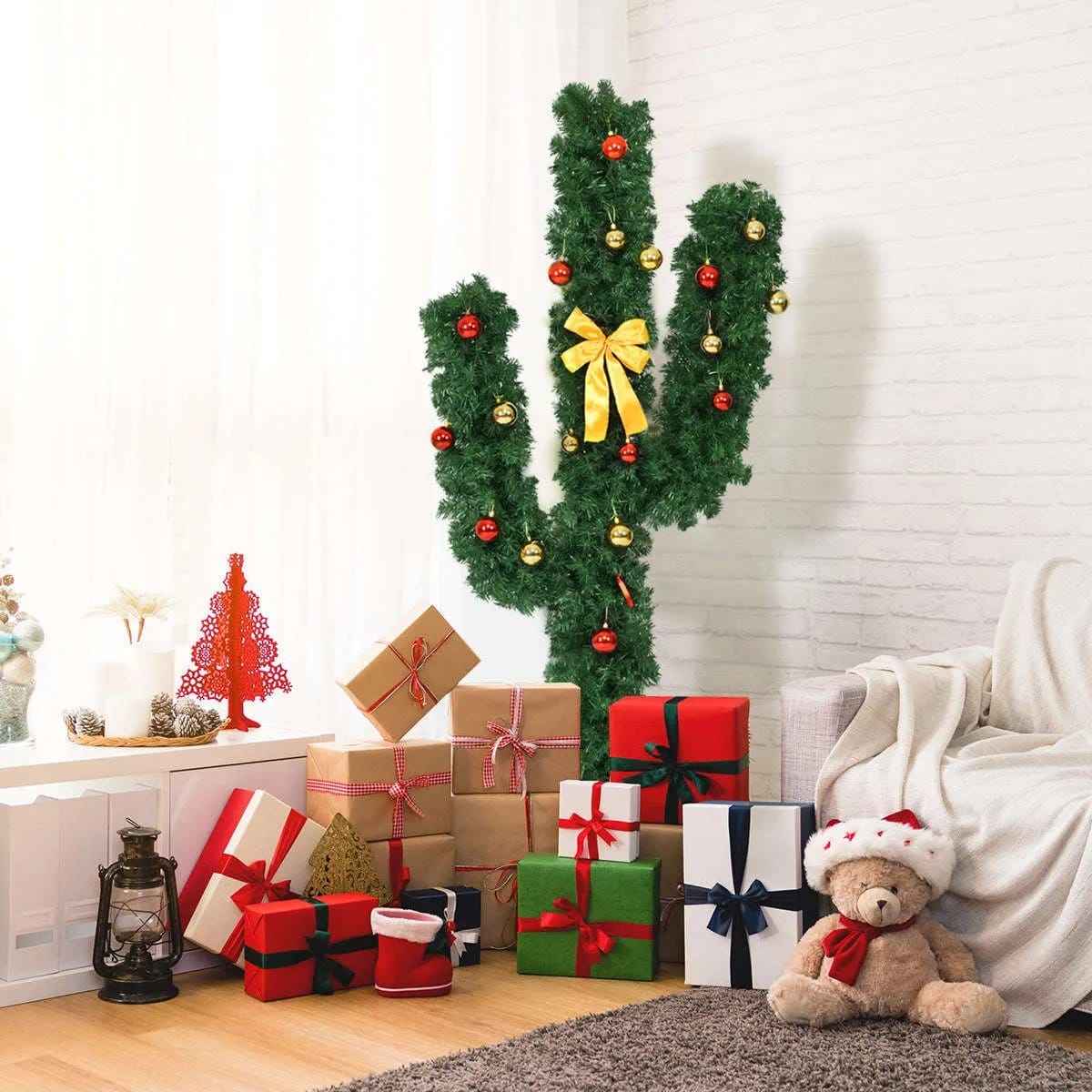 6 Feet Artificial Cactus Christmas Tree with LED Lights and Ornaments