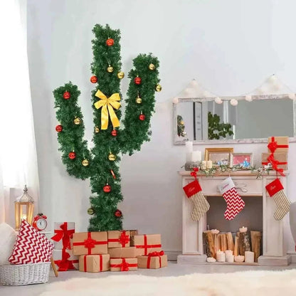 6 Feet Artificial Cactus PVC Christmas Tree with LED Lights and Ball Ornaments