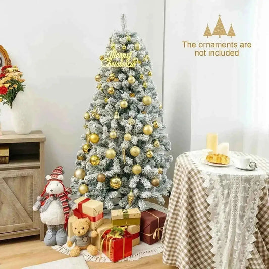 6 Feet Artificial Snow Decorated Flocked Hinged Christmas Tree with Metal Stand Cartsfy Inc.