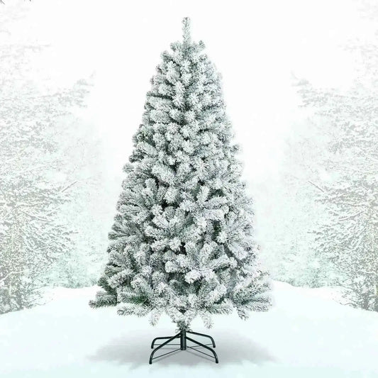 6 Feet Artificial Snow Decorated Flocked Hinged Christmas Tree with Metal Stand Cartsfy Inc.