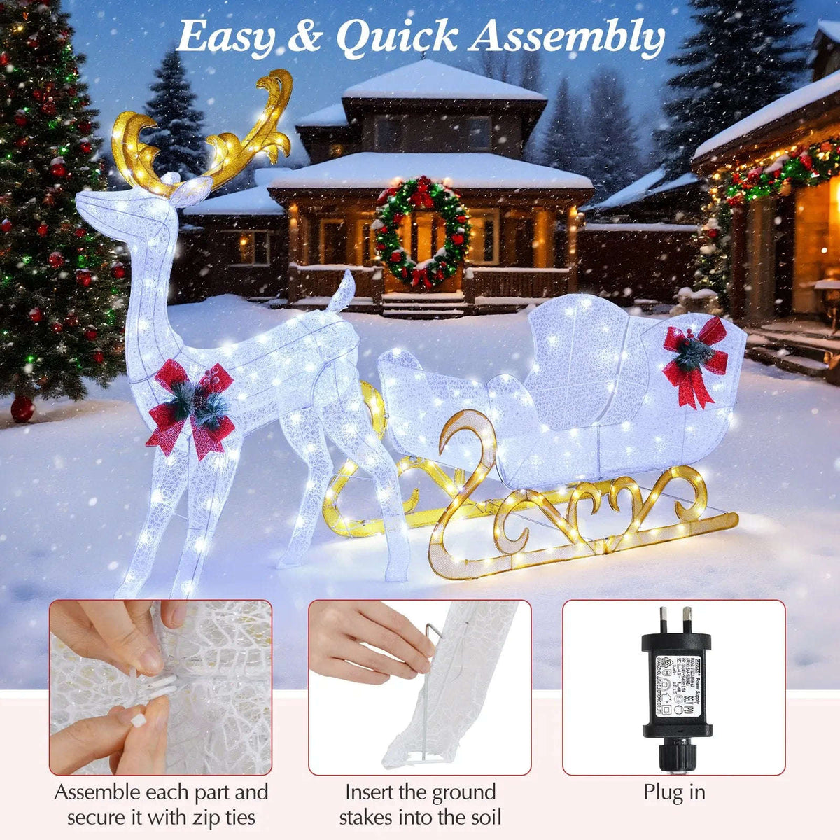 6 Feet Christmas Lighted Reindeer and Santa's Sleigh Decoration with 4 Stakes Cartsfy Inc.