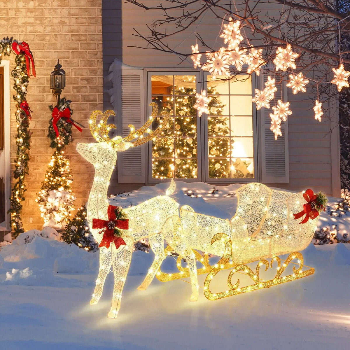 6 Feet Christmas Lighted Reindeer and Santa's Sleigh Decoration with 4 Stakes Cartsfy Inc.