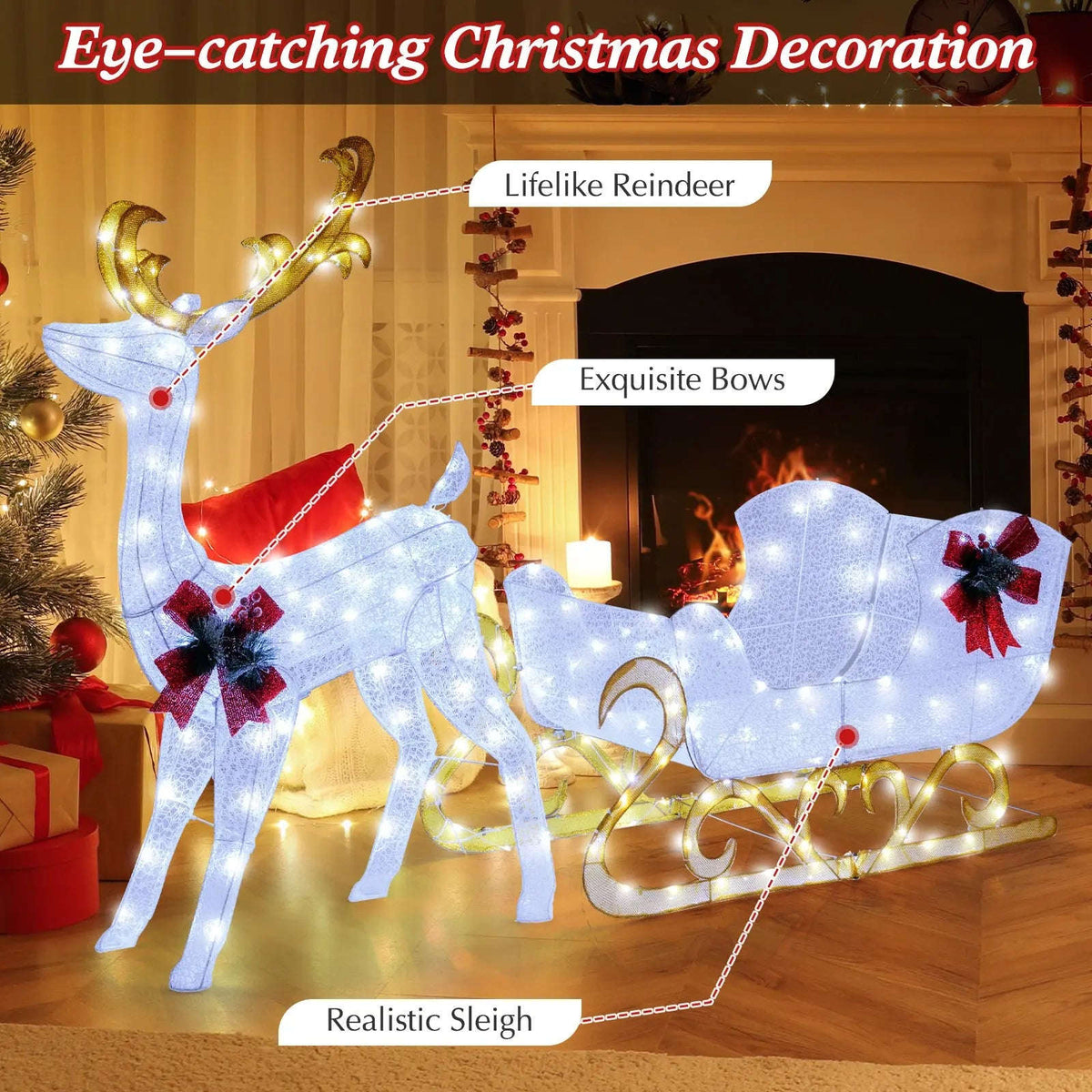 6 Feet Christmas Lighted Reindeer and Santa's Sleigh Decoration with 4 Stakes Cartsfy Inc.