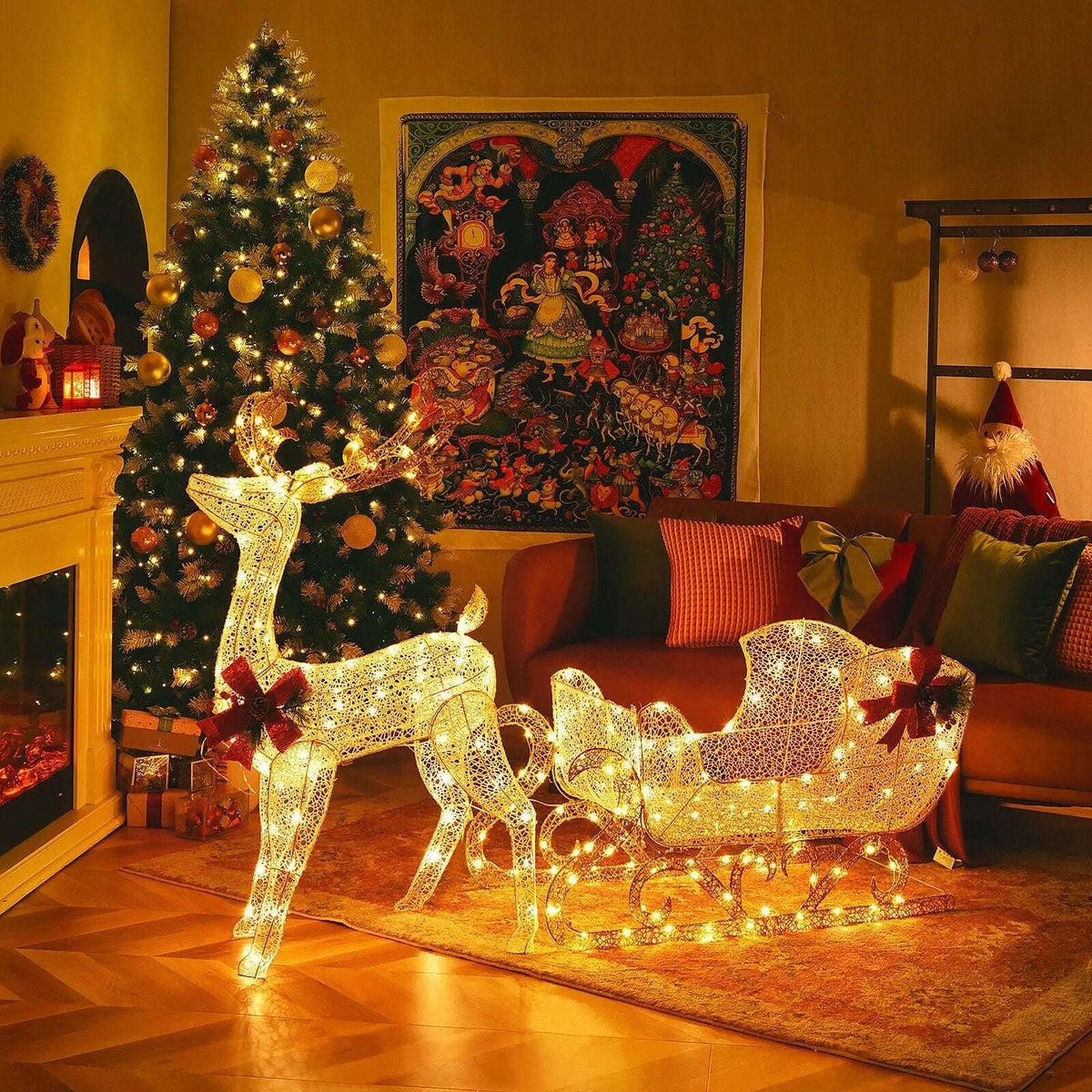 6 Feet Christmas Lighted Reindeer and Santa's Sleigh Decoration with 4 Stakes Cartsfy Inc.