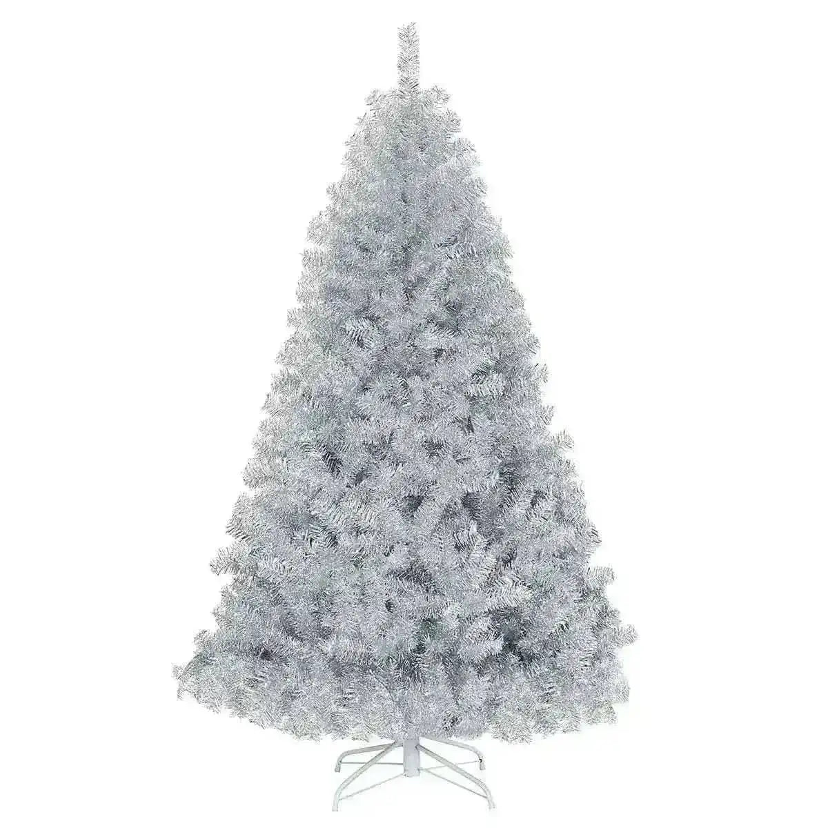 6 Feet Hinged Unlit Artificial Silver Tinsel Christmas Tree with Metal Stand Cartsfy Inc.