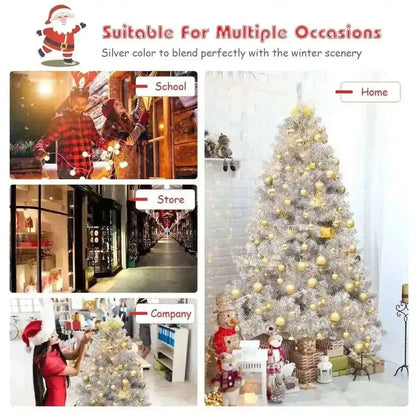 6 Feet Hinged Unlit Artificial Silver Tinsel Christmas Tree with Metal Stand Cartsfy Inc.