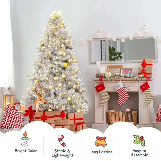 6 Feet Hinged Unlit Artificial Silver Tinsel Christmas Tree with Metal Stand Cartsfy Inc.