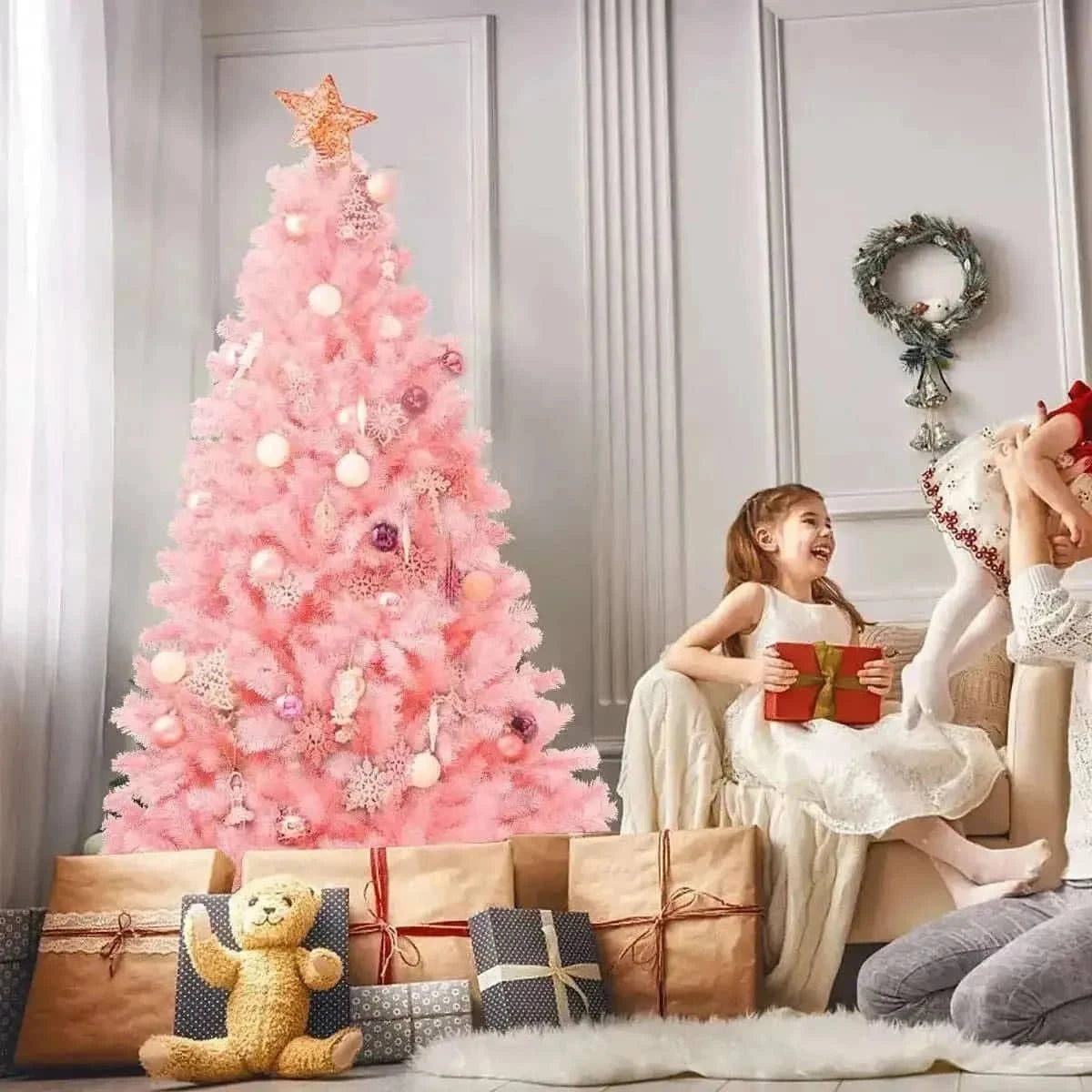 6 Feet Pink Artificial Hinged Spruce Full Christmas Tree with Foldable Metal Stand Cartsfy Inc.