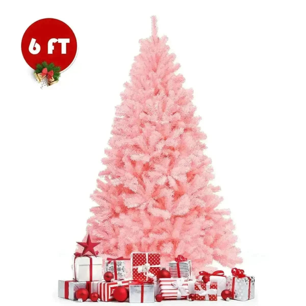 6 Feet Pink Artificial Hinged Spruce Full Christmas Tree with Foldable Metal Stand Cartsfy Inc.