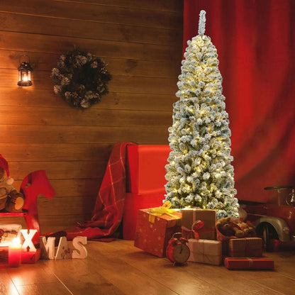 Snow flocked pre-lit pencil Christmas tree with warm yellow LED lights, slim profile