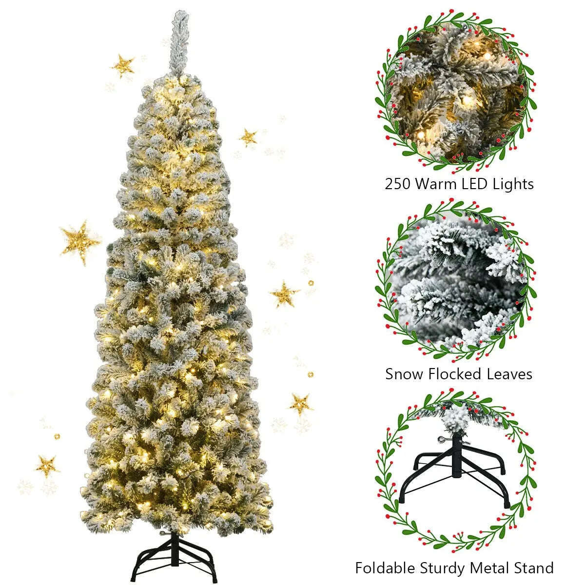 Infographic: snow flocked pencil tree with 250 warm LED lights and metal stand