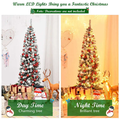 Day and night display of snow flocked pencil Christmas tree with warm LED lights