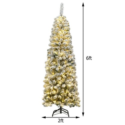 6 ft snow flocked pencil tree with warm LED lights, 2 ft base, foldable stand