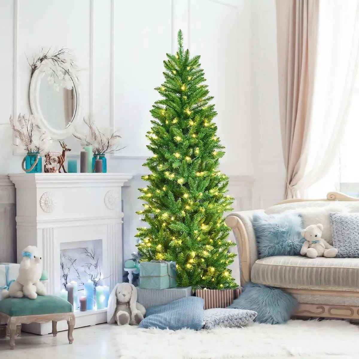 6 Feet PVC Hinged Pre-lit Artificial Fir Pencil Christmas Tree with 150 Lights