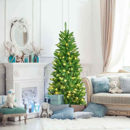 6 Feet PVC Hinged Pre-lit Artificial Fir Pencil Christmas Tree with 150 Lights