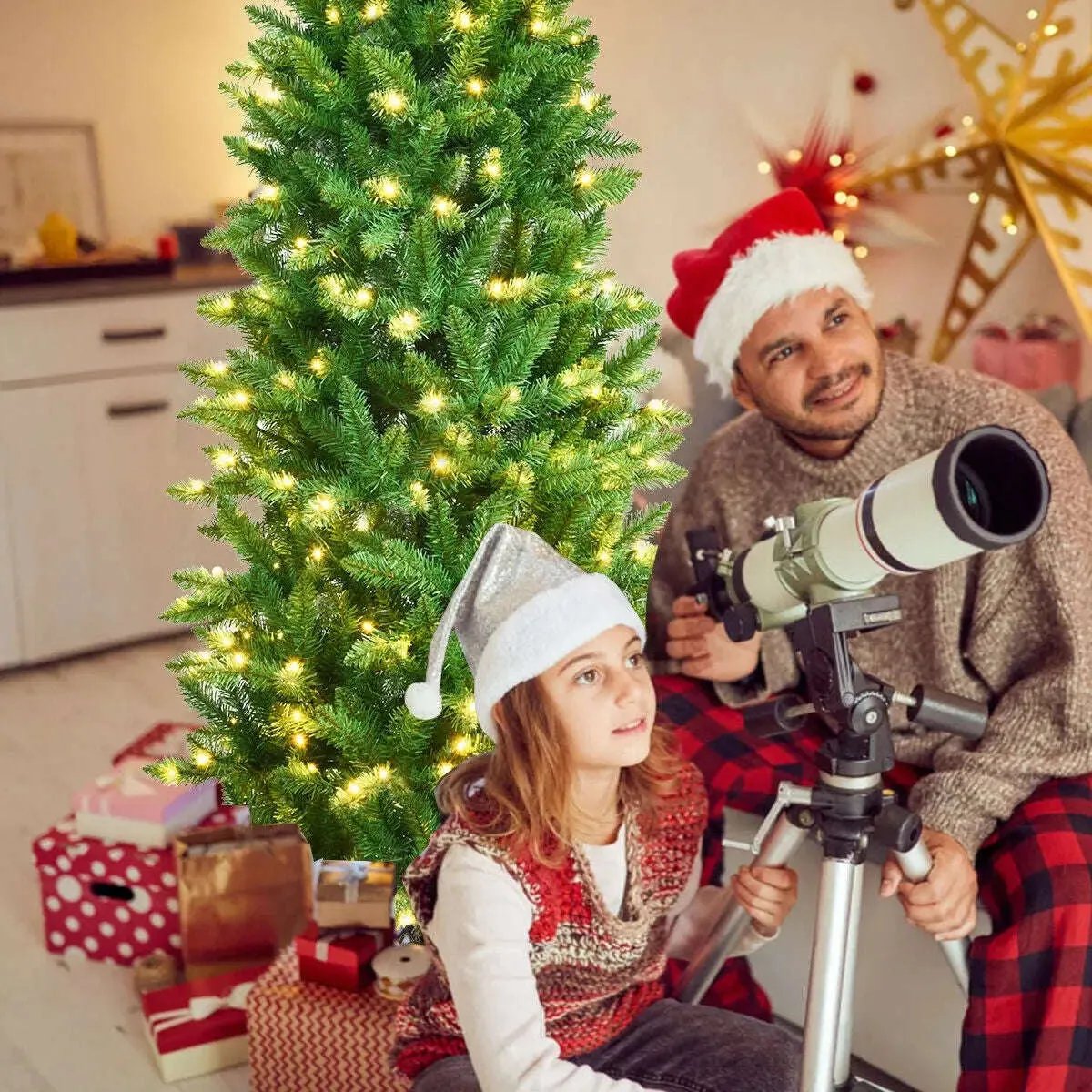 6 Feet PVC Hinged Pre-lit Artificial Fir Pencil Christmas Tree with 150 Lights Cartsfy Inc.